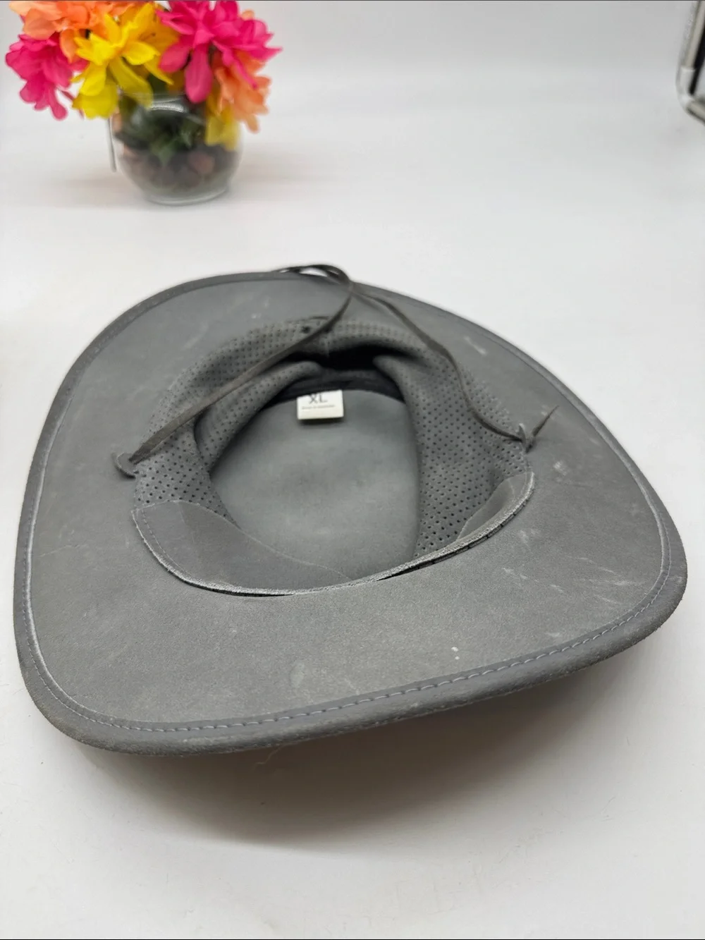 Wide Brim Perforated Faux Leather Outback Hat - Gray XL